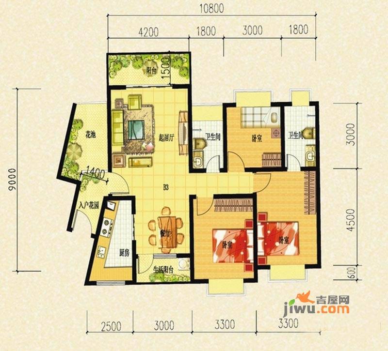 嘉美华凯3室2厅2卫110.7㎡户型图