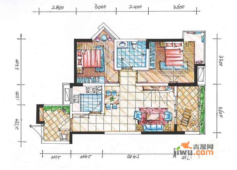 双峰嶺2室2厅1卫80㎡户型图