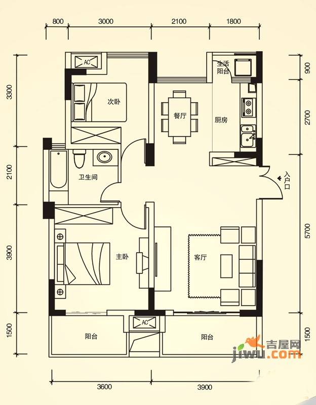 宗申赛纳维2室2厅1卫82㎡户型图