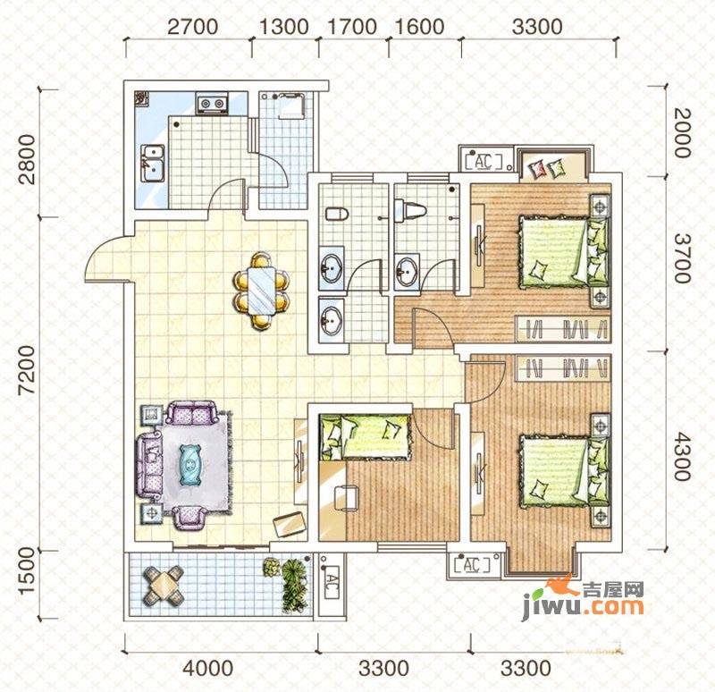 龙域都市兰亭3室2厅2卫108.8㎡户型图