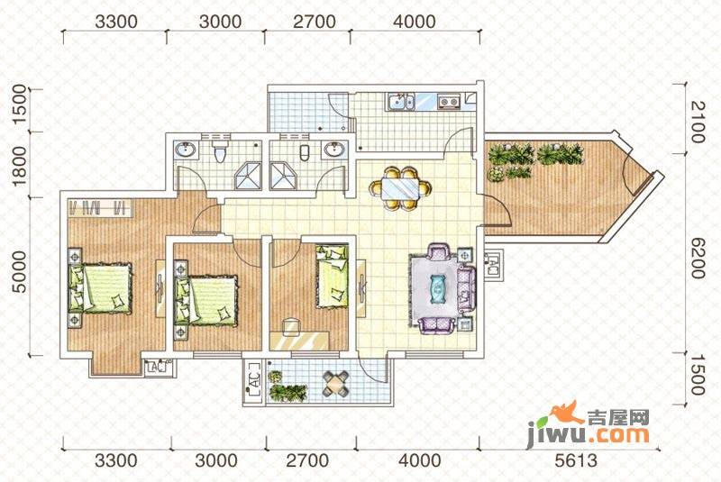 龙域都市兰亭3室2厅2卫110.9㎡户型图