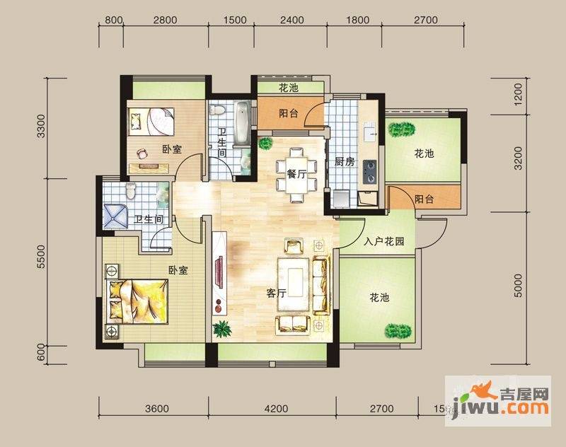 时代水岸康城2室2厅2卫89.4㎡户型图