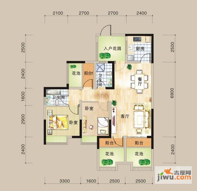 时代水岸康城2室2厅2卫89.6㎡户型图