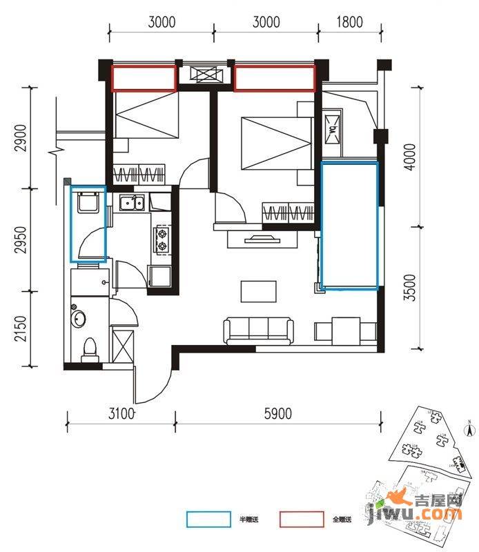 新里柏仕公馆2室2厅1卫72㎡户型图