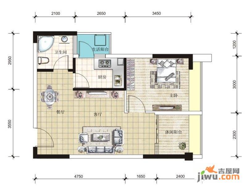 温哥华南苑1室2厅1卫58.6㎡户型图