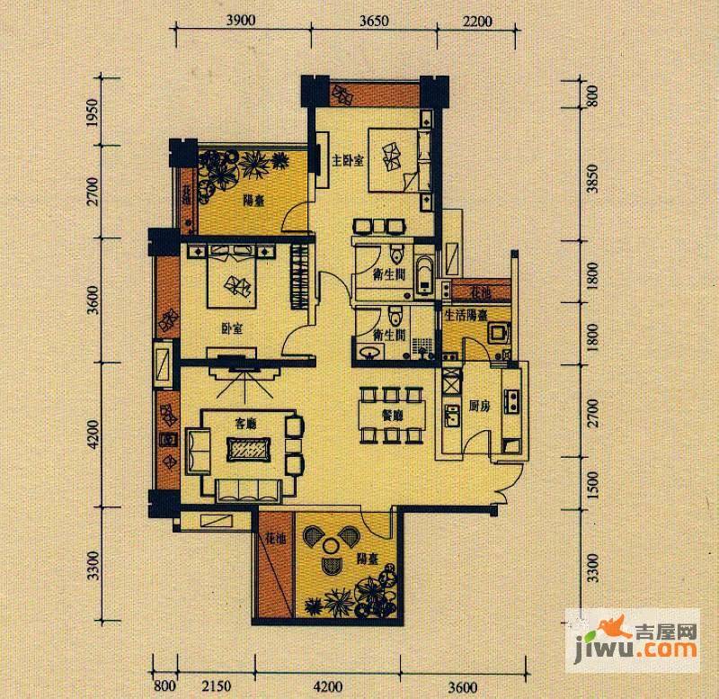 天府世家2室2厅2卫112㎡户型图