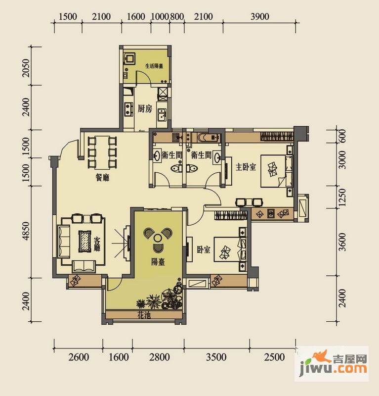 天府世家2室2厅2卫113㎡户型图