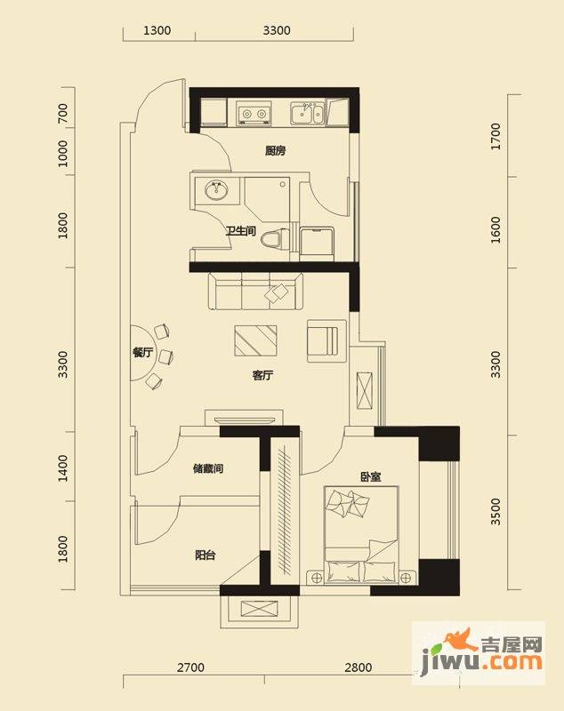 金牛万达广场1室2厅1卫59.5㎡户型图