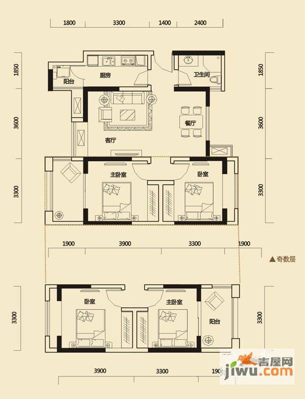 金牛万达广场2室2厅1卫78㎡户型图