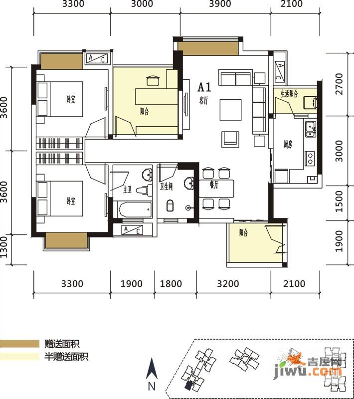 北辰美庐2室2厅2卫90.9㎡户型图