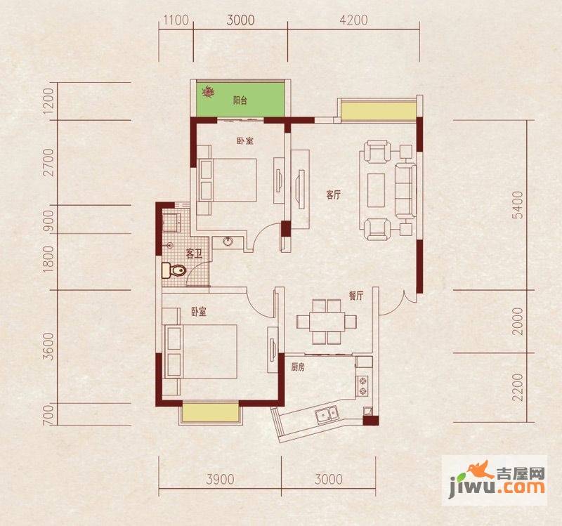 成都国奥村2室2厅1卫90㎡户型图