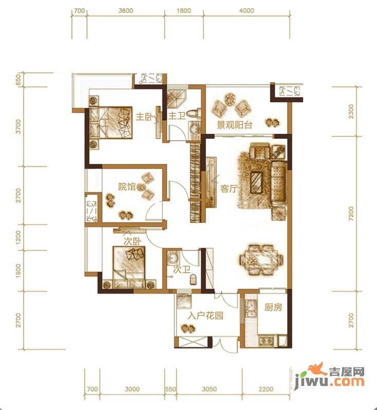 复地新城就天境3室2厅2卫87㎡户型图