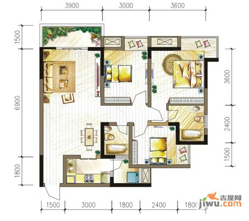 大鼎世纪滨江3室2厅2卫84.8㎡户型图