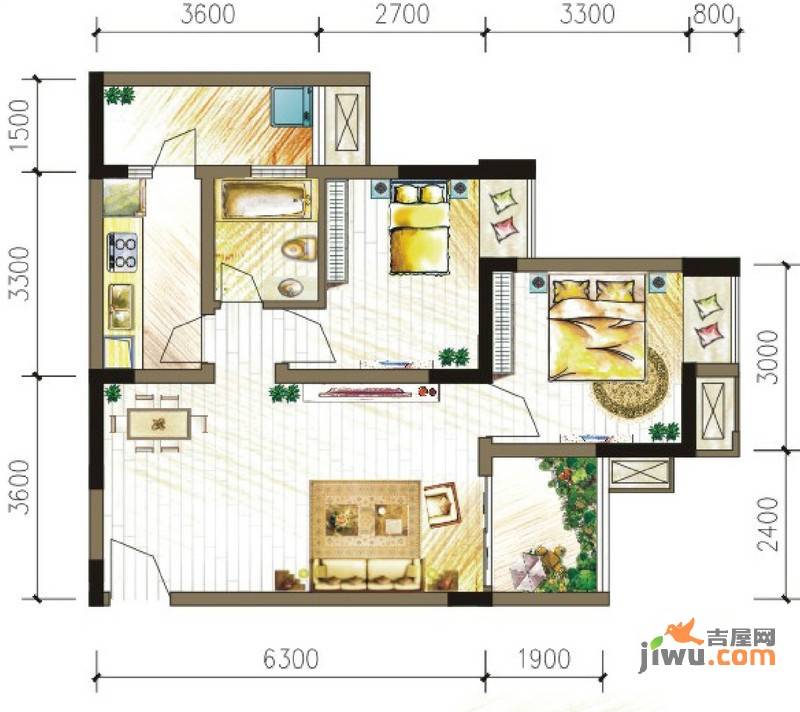 大鼎世纪滨江2室2厅1卫57.6㎡户型图