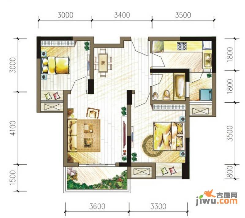 大鼎世纪滨江2室2厅1卫59㎡户型图