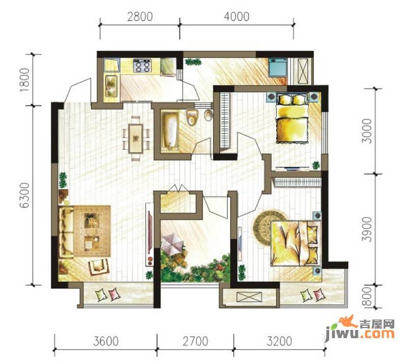 大鼎世纪滨江2室2厅1卫65.2㎡户型图