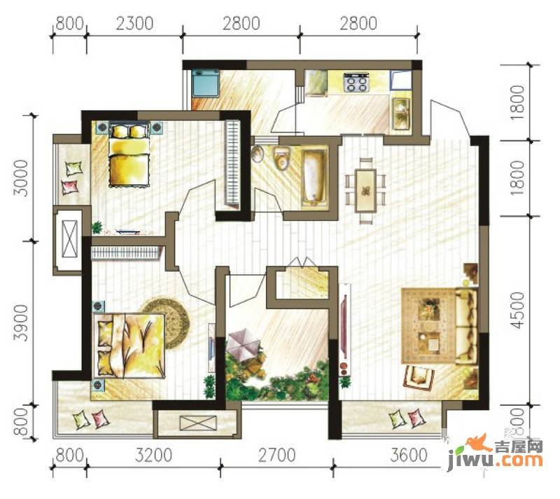 大鼎世纪滨江2室2厅1卫64.5㎡户型图