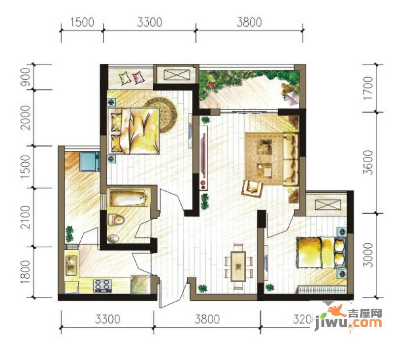 大鼎世纪滨江2室2厅1卫61.9㎡户型图