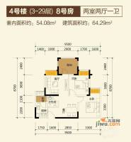 华宇金沙时代2室2厅1卫54.1㎡户型图