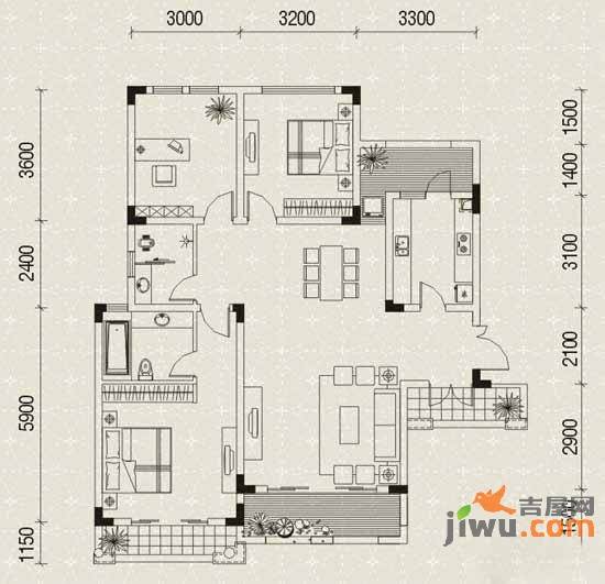 圣天湖东岸3室2厅2卫102.2㎡户型图