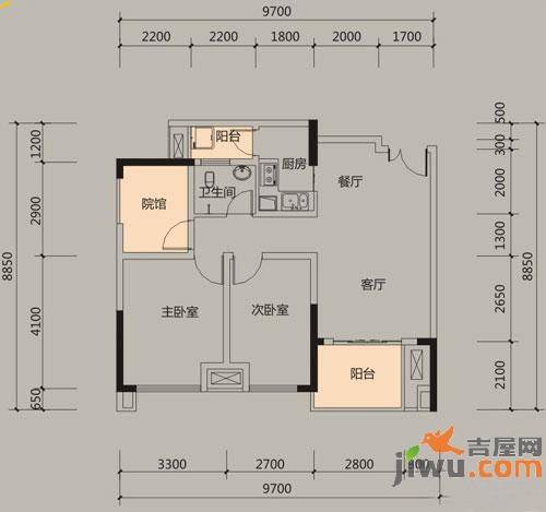 财信城市国际2室2厅1卫66.5㎡户型图