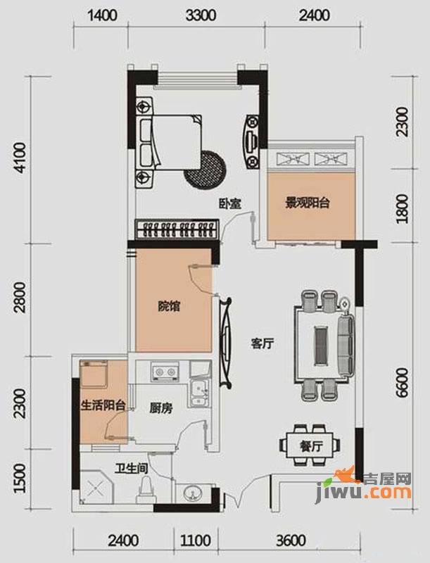 财信城市国际1室2厅1卫52㎡户型图