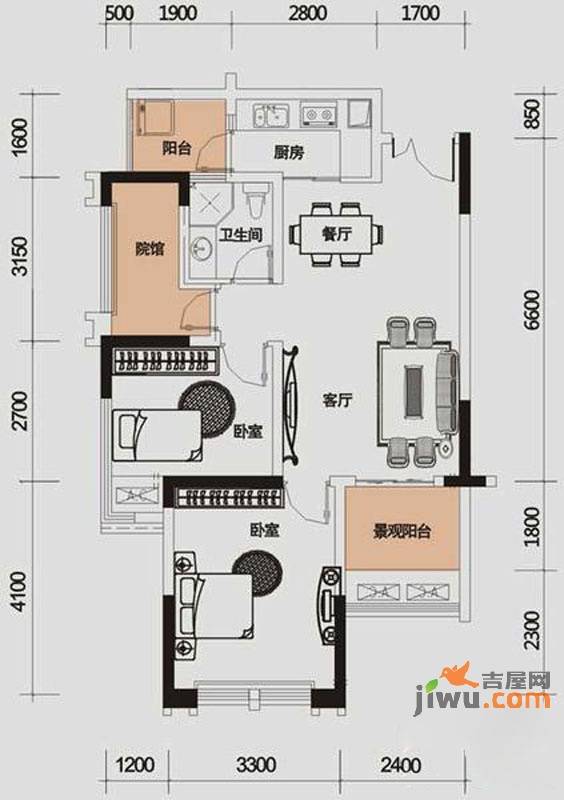 财信城市国际2室2厅1卫60.4㎡户型图