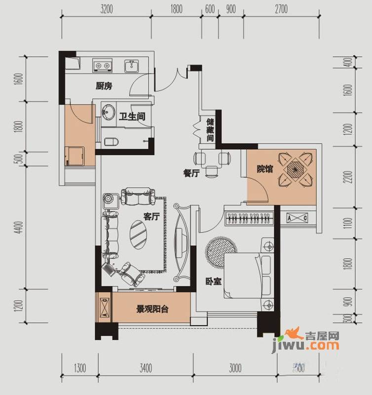 财信城市国际1室2厅1卫52.6㎡户型图