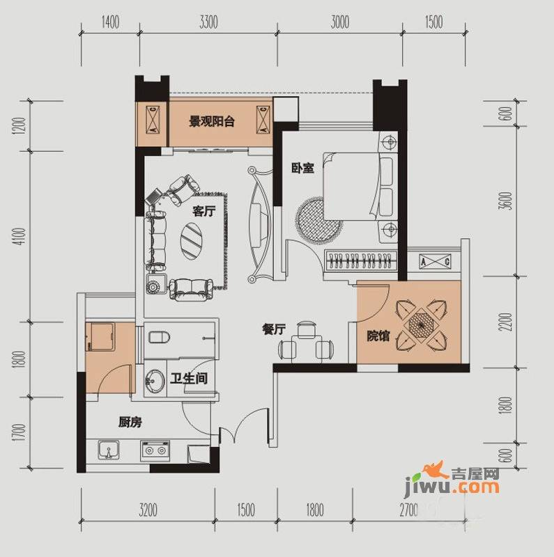 财信城市国际1室2厅1卫46.7㎡户型图