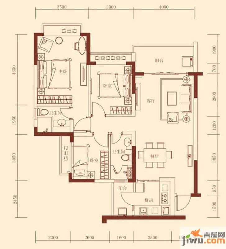 恒大城3室2厅2卫91㎡户型图