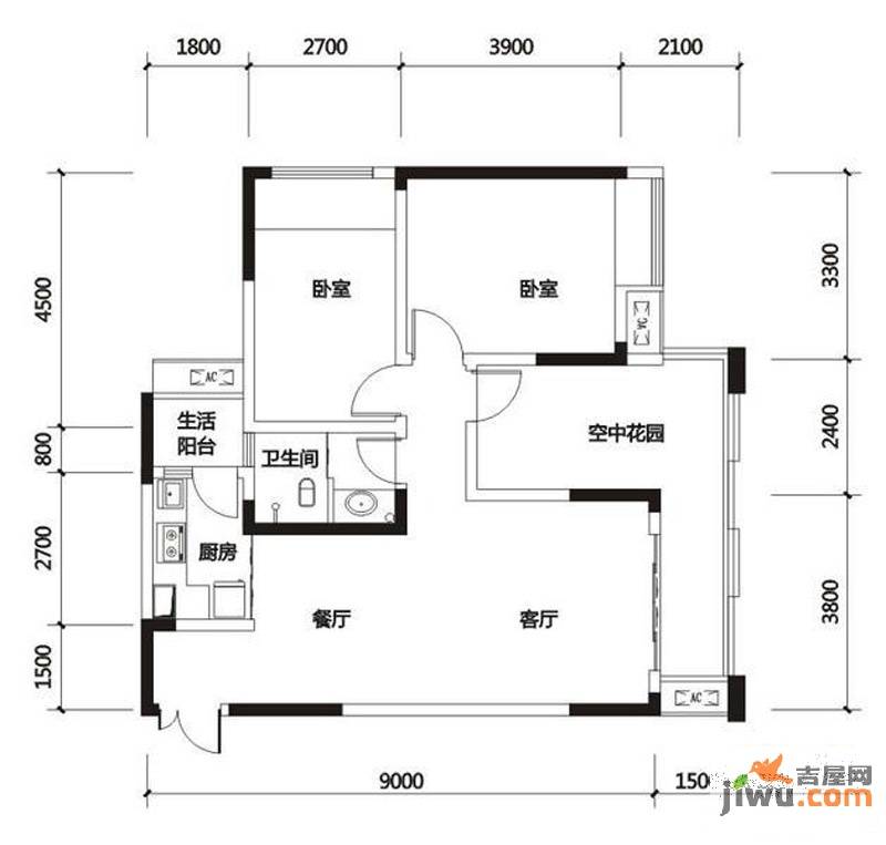 华宇春江花月2室2厅1卫72.5㎡户型图