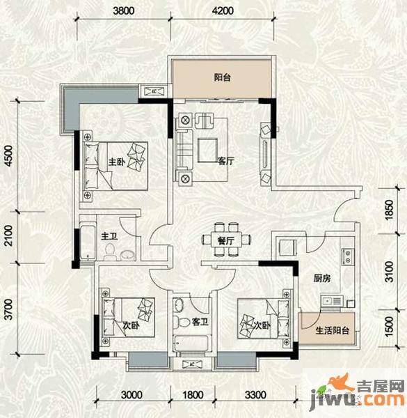 渝能国际幸福成双二期3室2厅2卫102.9㎡户型图