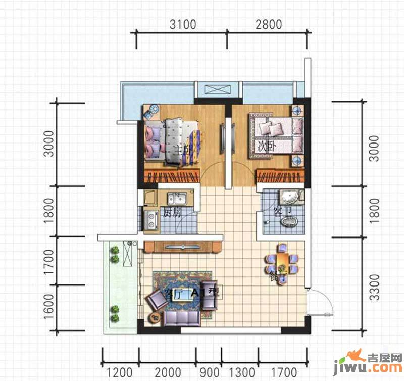 流云阁2室2厅2卫51.8㎡户型图