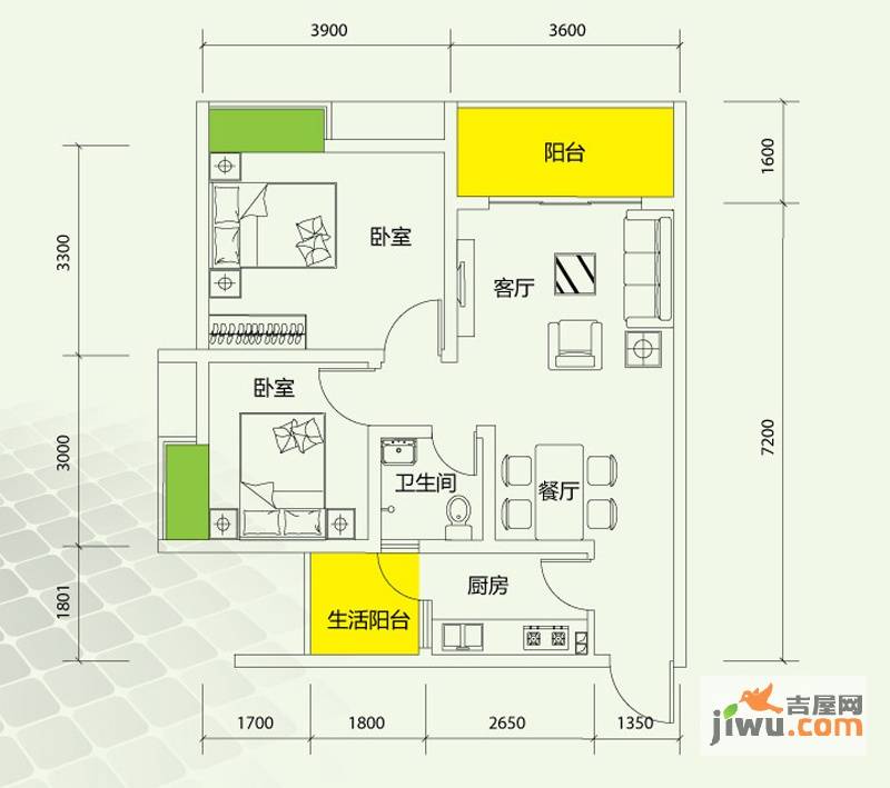 千山美林2室2厅1卫67.3㎡户型图