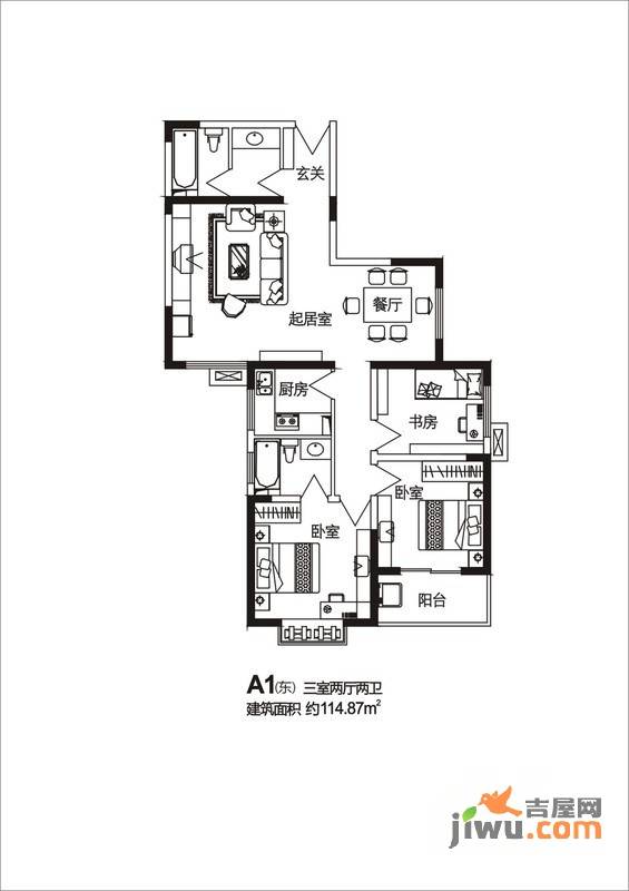 佰富高尔夫别墅3室2厅1卫户型图