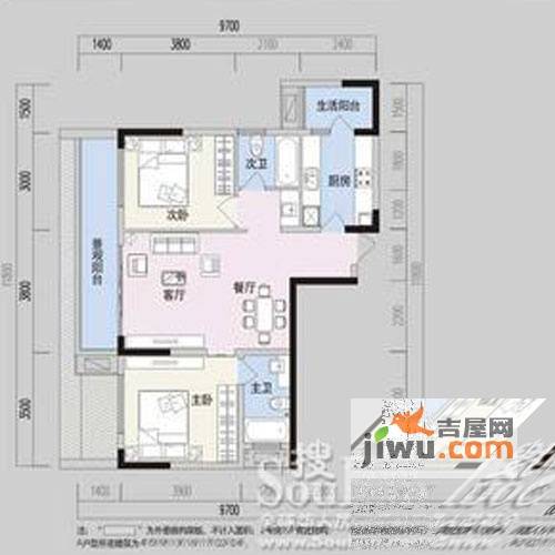 阳光100国际新城2室2厅2卫74.7㎡户型图