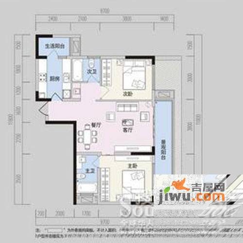 阳光100国际新城2室2厅2卫74.3㎡户型图