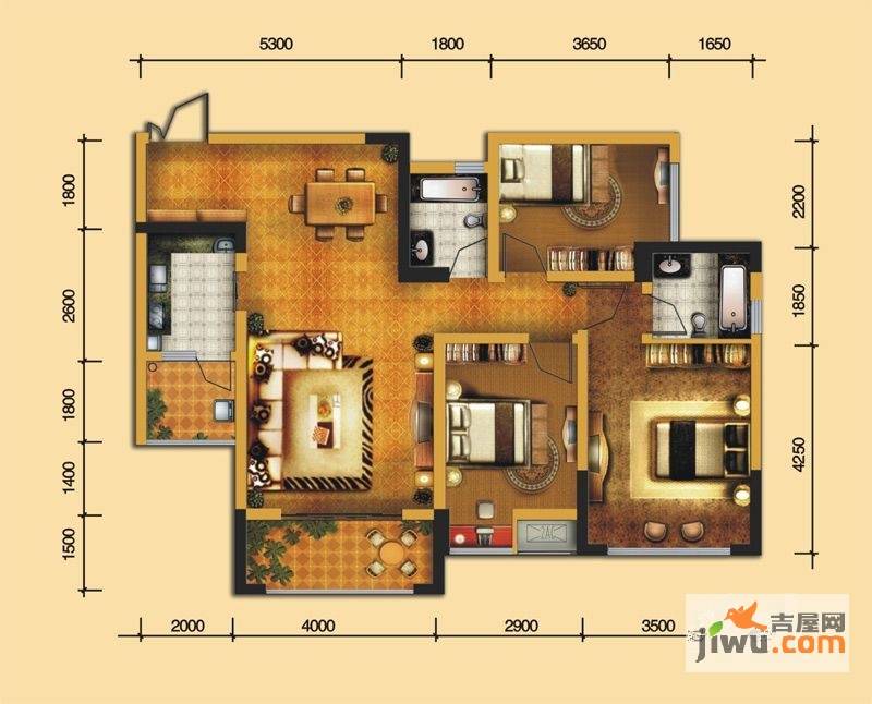 鸥鹏璧兰河1号3室2厅2卫104.9㎡户型图