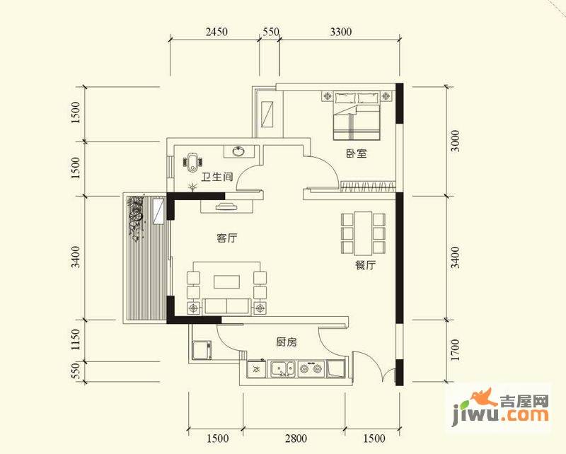 奥韵汇龙国际1室2厅1卫56.9㎡户型图