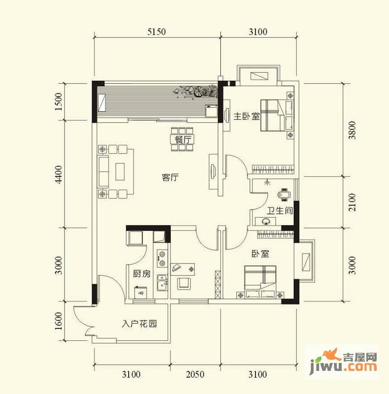 奥韵汇龙国际3室2厅1卫88.9㎡户型图