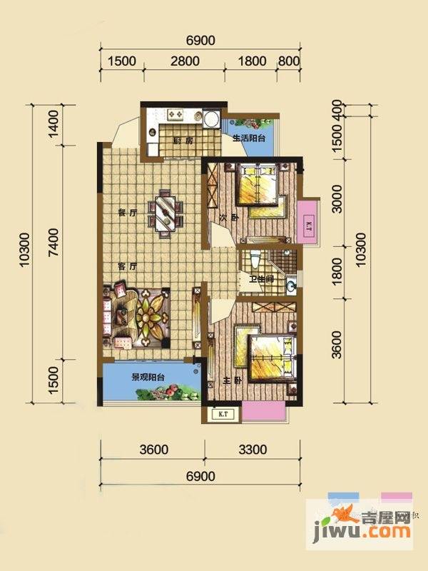 綦江金域蓝湾2室2厅1卫76.1㎡户型图