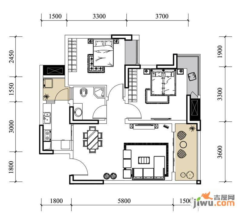 中房千寻2室2厅1卫58.7㎡户型图