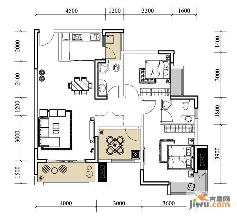 中房千寻2室2厅2卫82.6㎡户型图