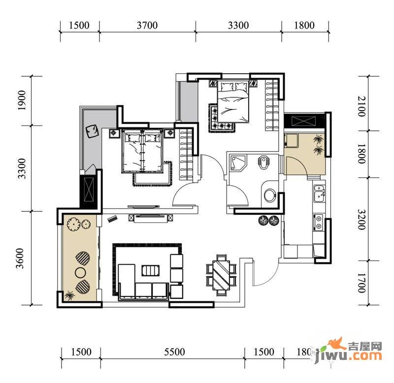 中房千寻2室2厅1卫62.1㎡户型图