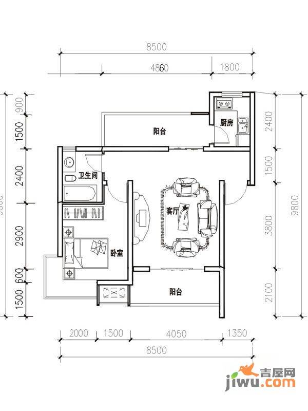 立立依山郡1室1厅1卫54.2㎡户型图