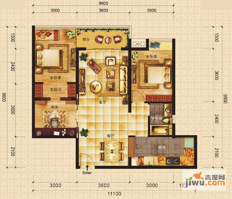 城市星光3室2厅1卫89.8㎡户型图