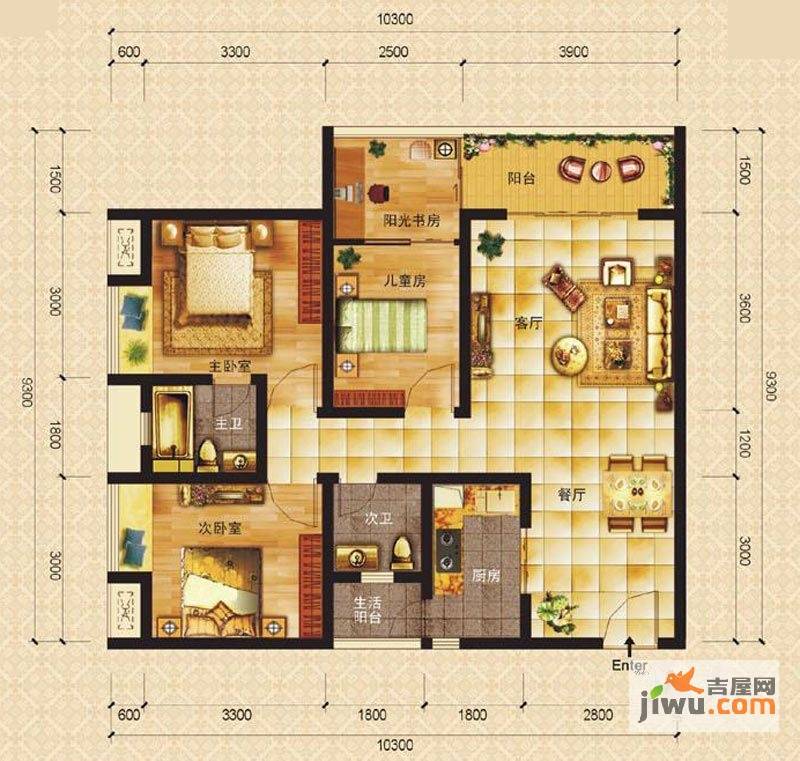 城市星光4室2厅2卫90.7㎡户型图