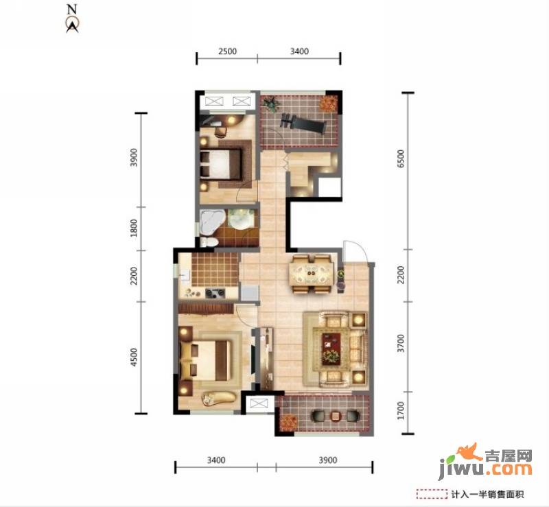 新城金郡2室2厅1卫102㎡户型图