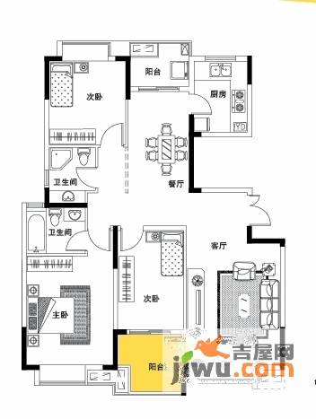 中粮彩云居3室2厅2卫118㎡户型图