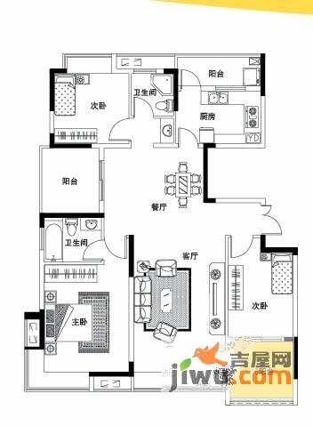 中粮彩云居3室2厅2卫118㎡户型图